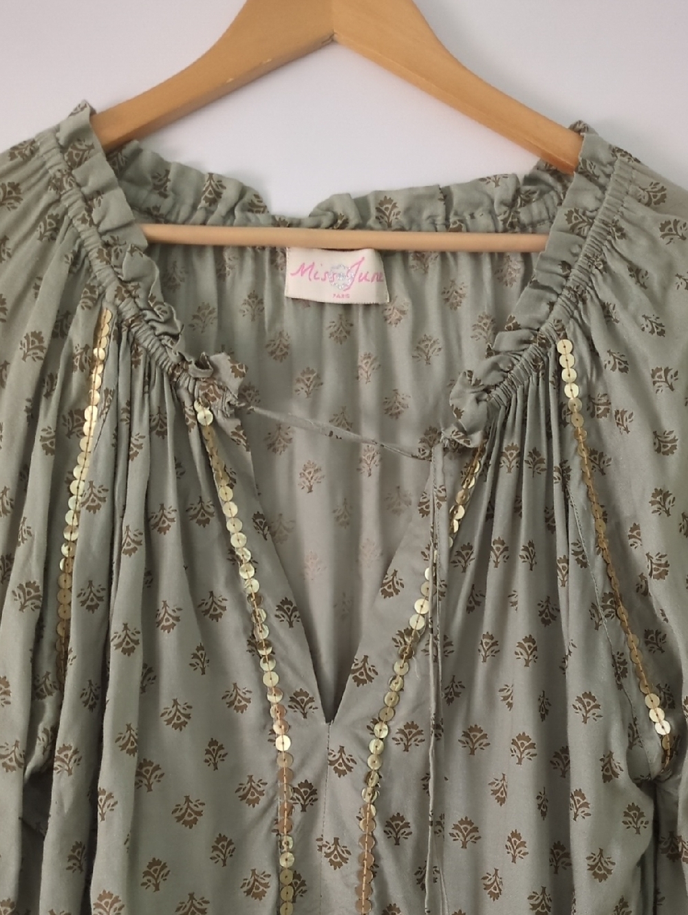 Miss June Paris Light Green Gold Dot Peasant Blouse - Women Tops Boho Beach Sz L - Picture 3 of 8